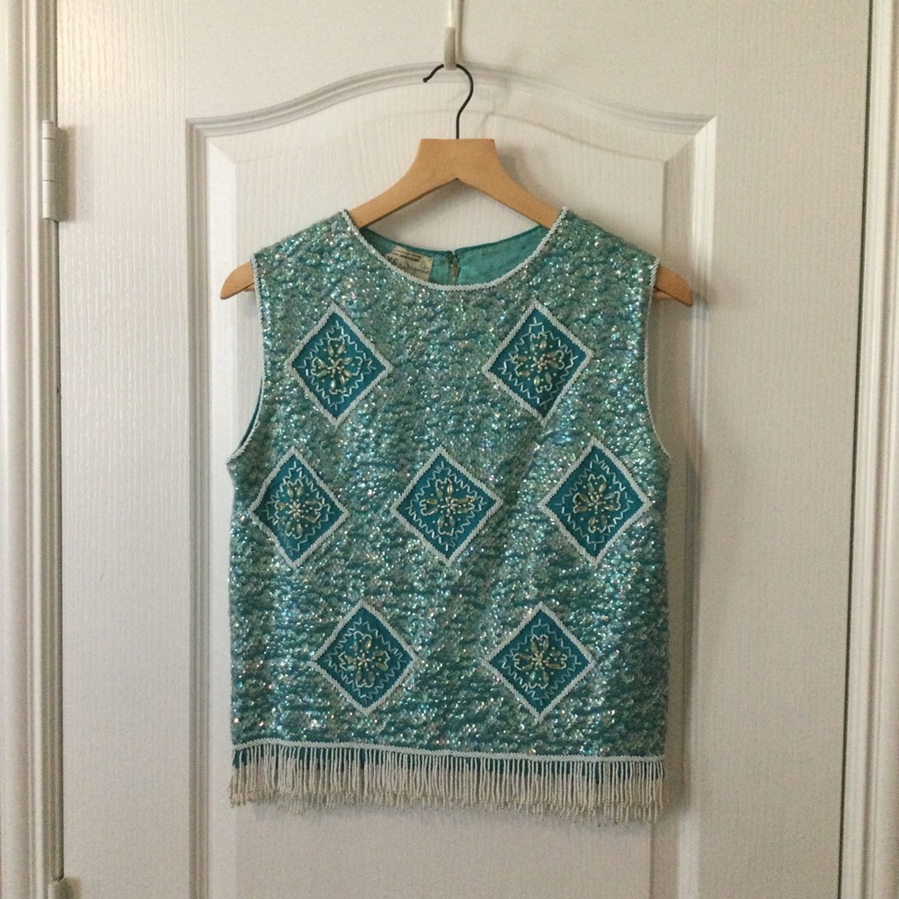 Vintage 1960s Hand Beaded Sequin Top Aqua Blue Seed Beads Sz M L